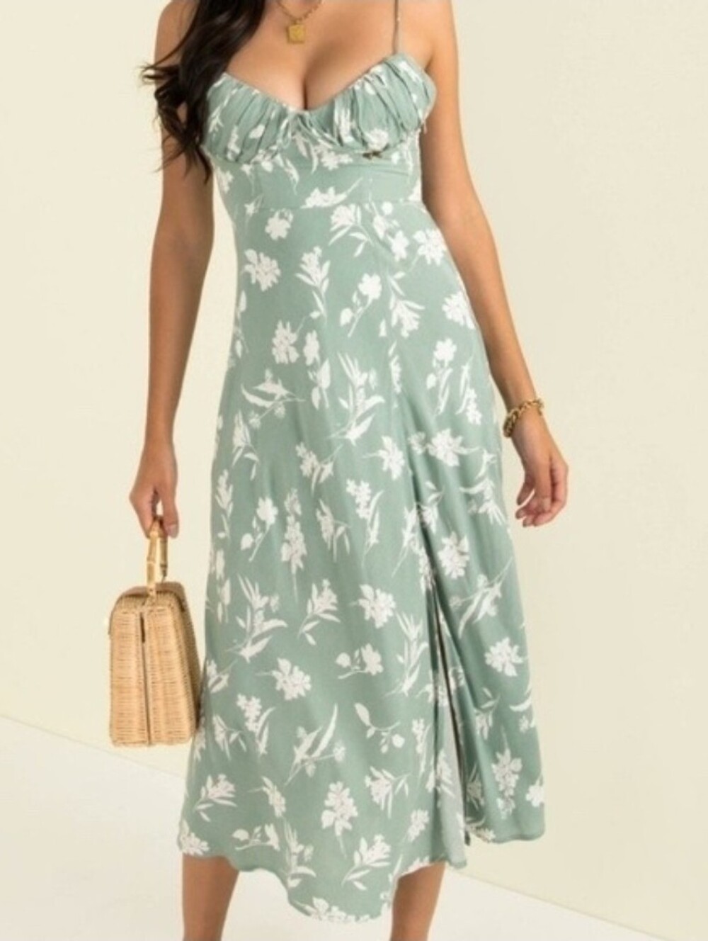 Here Comes The Sun Sage Green Floral Midi Dress Sweetheart Neckline Size S